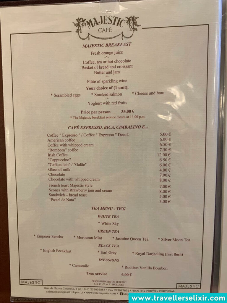 Menu at Majestic Cafe.