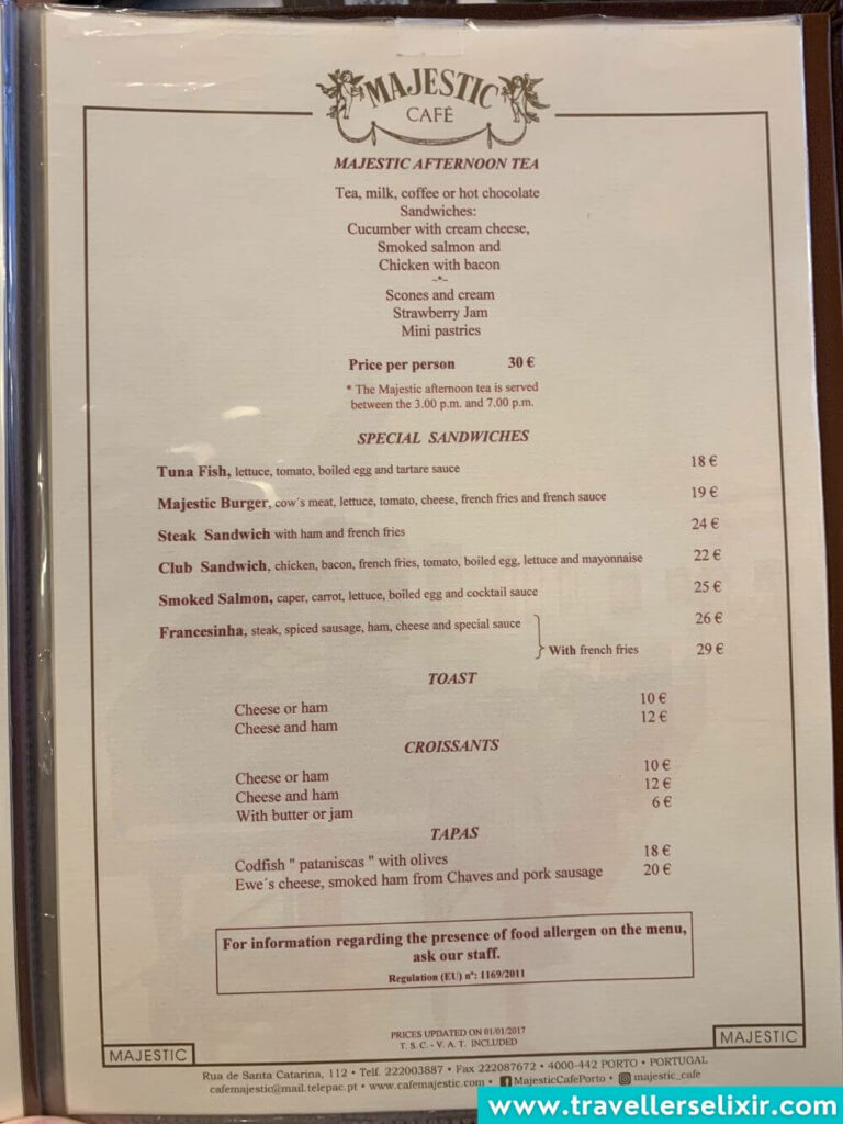 Menu at Majestic Cafe.