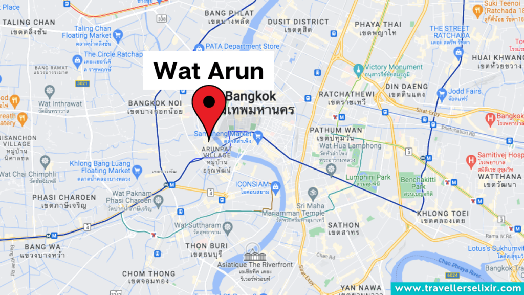 Map showing location of Wat Arun in Bangkok.