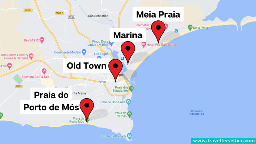Map showing the location of the different areas in Lagos, Portugal.