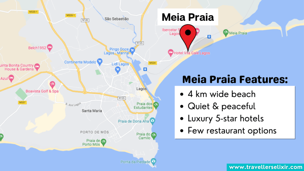 Map showing location of Meia Praia in Lagos, Portugal.