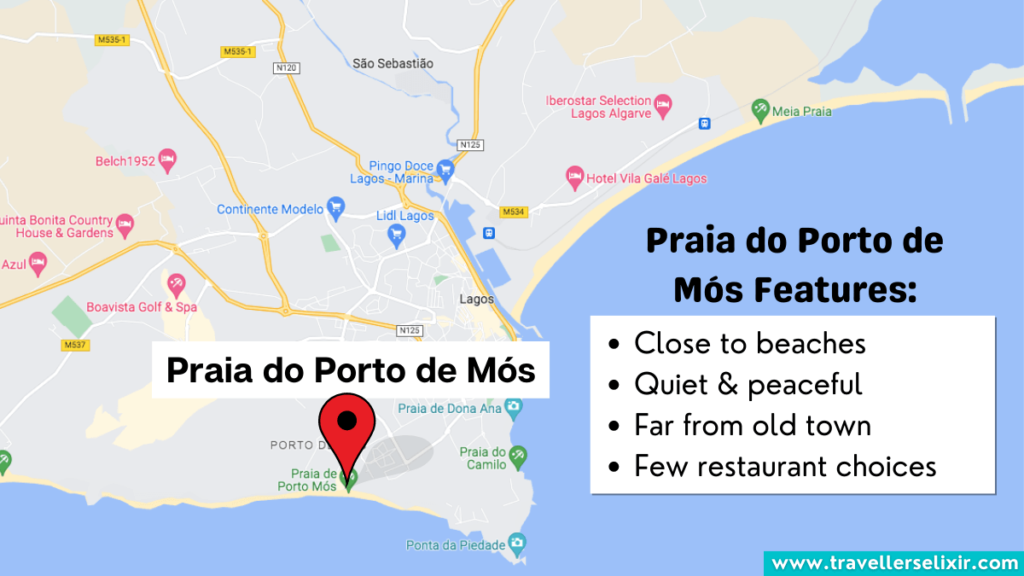 Map showing the location of Praia do Porto de Mós in Lagos, Portugal.