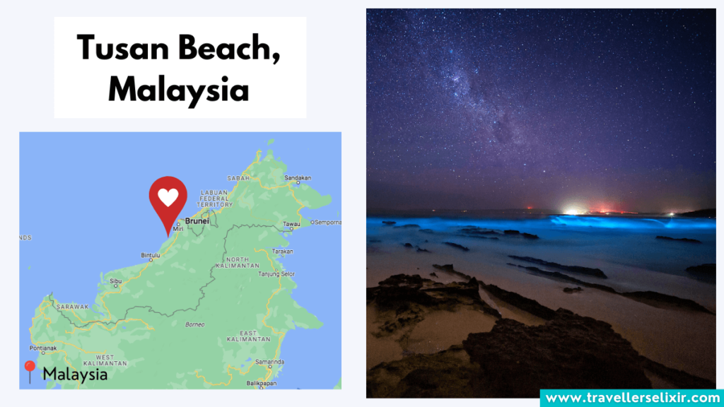 Map showing location of Tusan Beach in Malaysia and bioluminescence.