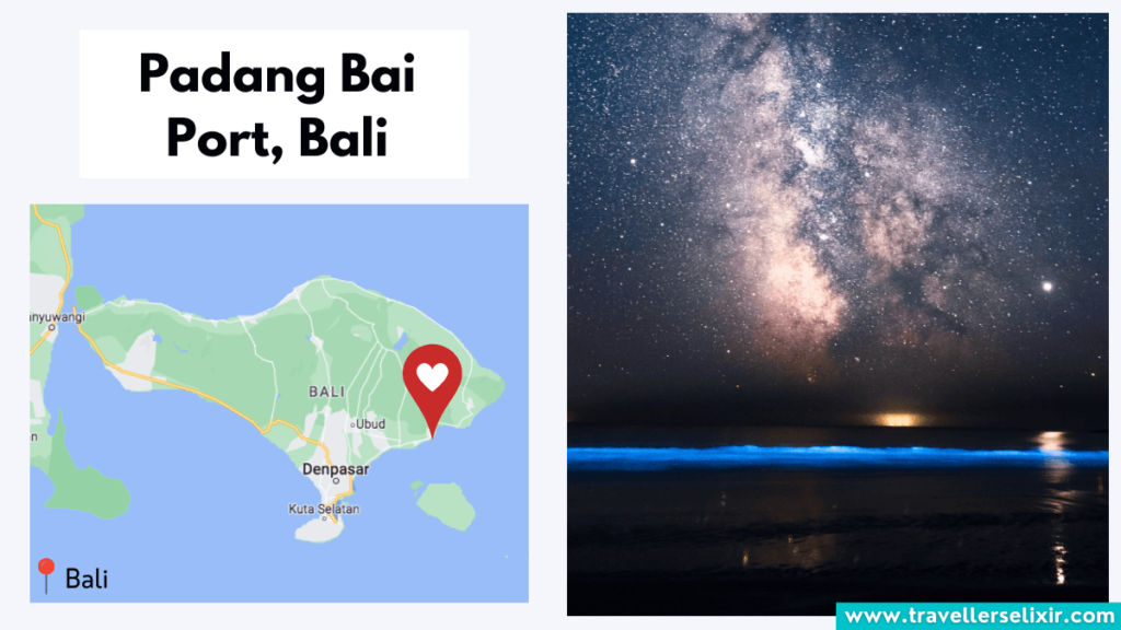 Map showing location of Padang Bai Port in Bali and bioluminescence.