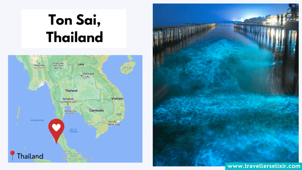 Map showing location of Ton Sai in Thailand and bioluminescence.