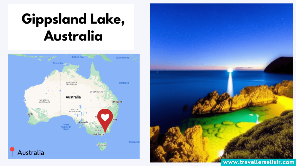 Map showing location of Gippsland Lake in Australia and bioluminescence.
