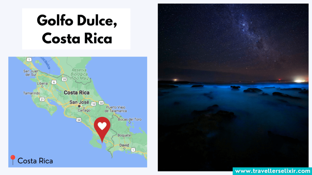 Map showing location of Golfo Dulce in Costa Rica and bioluminescence.