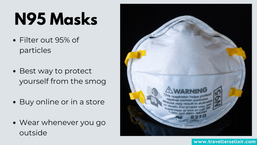 Graphic showing the N95 mask and it's benefits.
