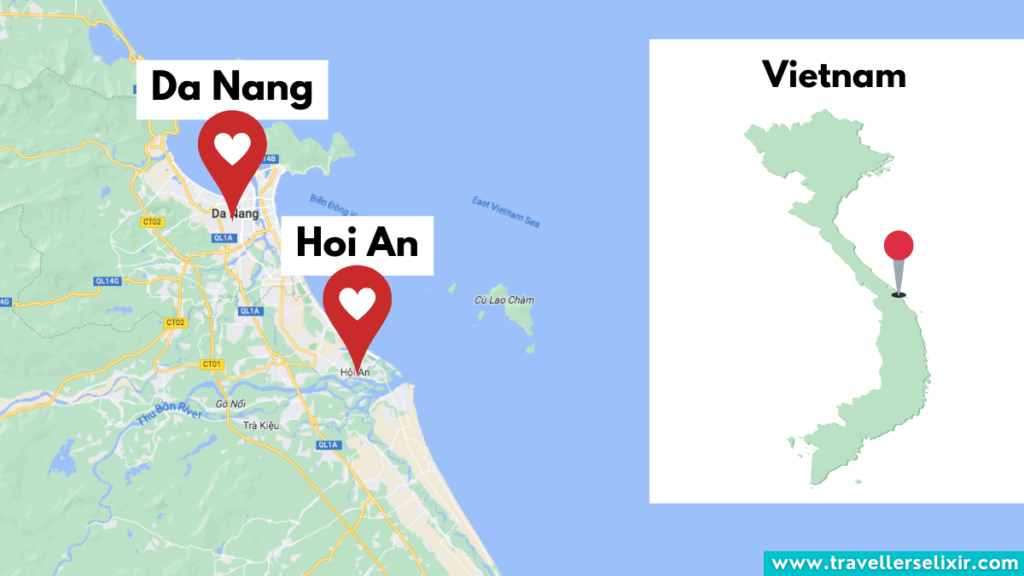 Map showing the location of Hoi An and Da Nang in Vietnam.