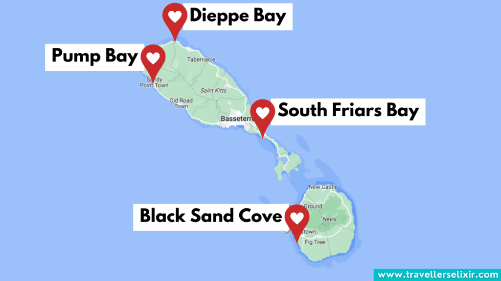 Map showing the black sand beaches on St Kitts & Nevis.