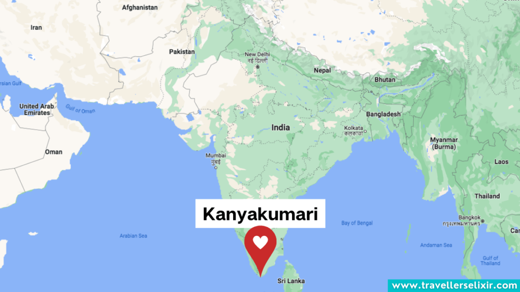Map showing the location of Kanyakumari in India.