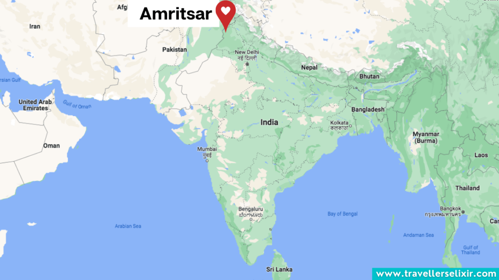 Map showing the location of Amritsar in India.