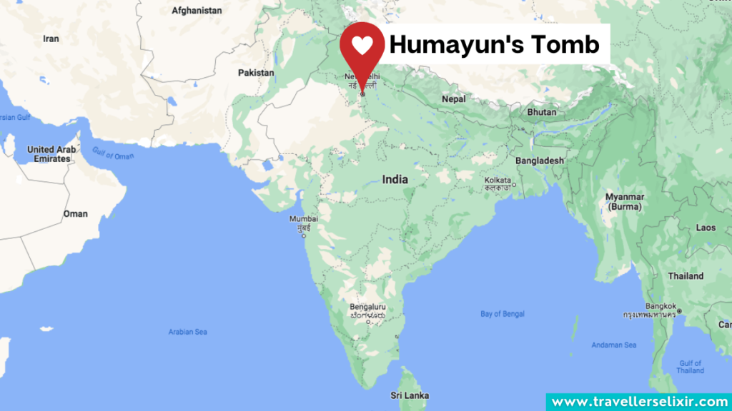 Map showing the location of Humayun's Tomb.