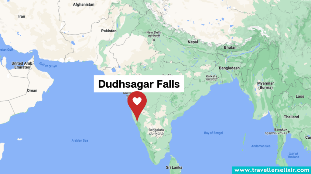 Map showing the location of Dudhsagar Falls in India.