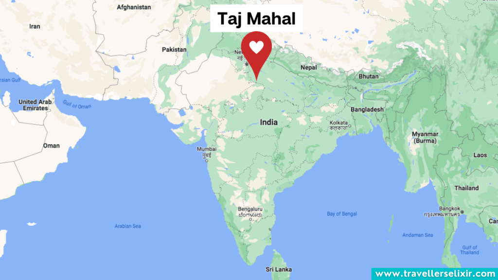 Map showing the location of the Taj Mahal in India.