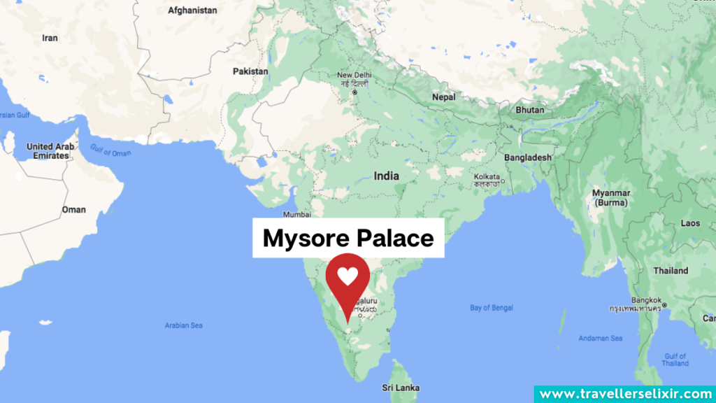 Map showing the location of Mysore Palace in India.
