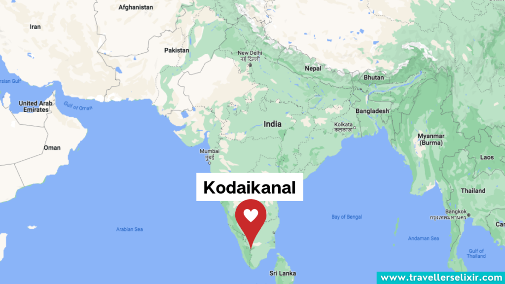 Map showing the location of Kodaikanal in India.
