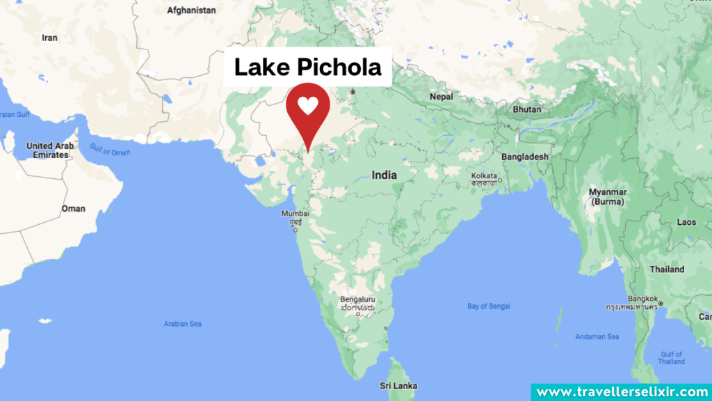 Map showing the location of Lake Pichola in India.