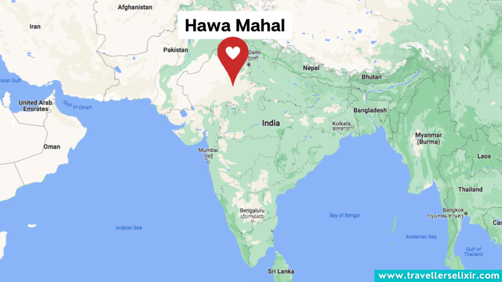 Map showing the location of the Hawa Mahal in India.