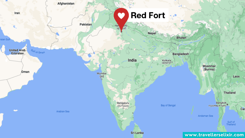 Map showing the location of the Red Fort in India.