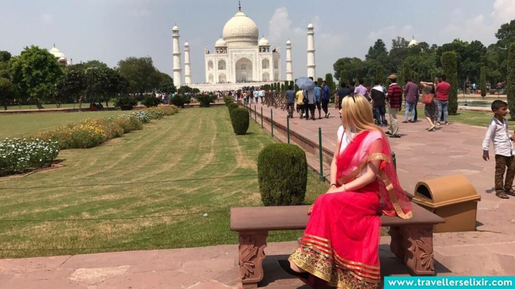 A photo of me in my lehenga at the Tah Mahal.