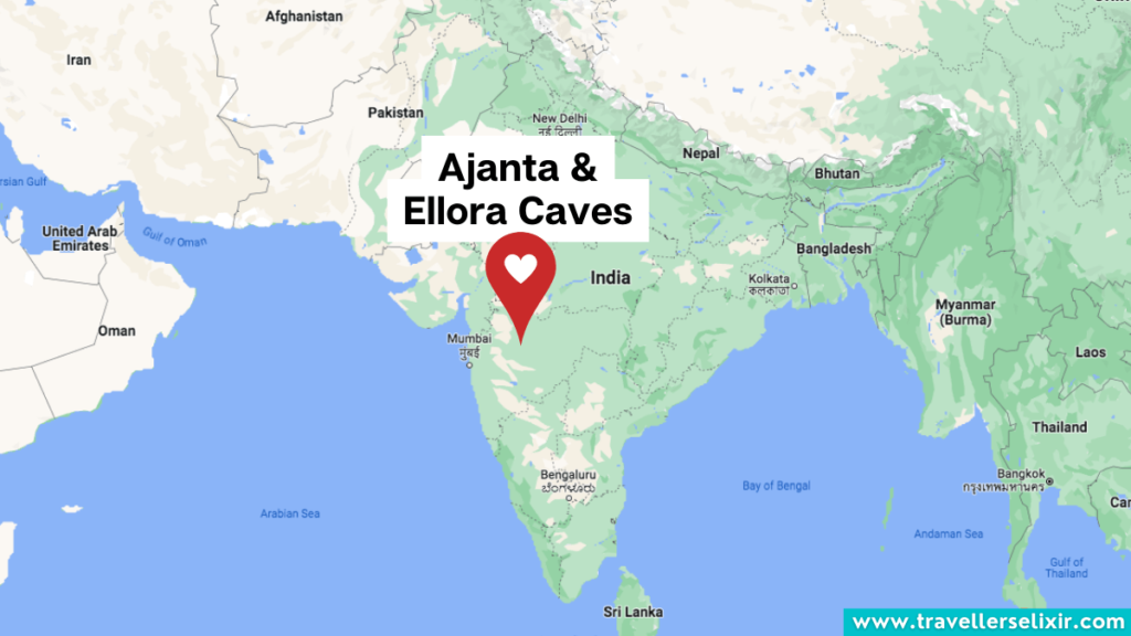 Map showing the location of the Ajanta and Ellora Caves in India.