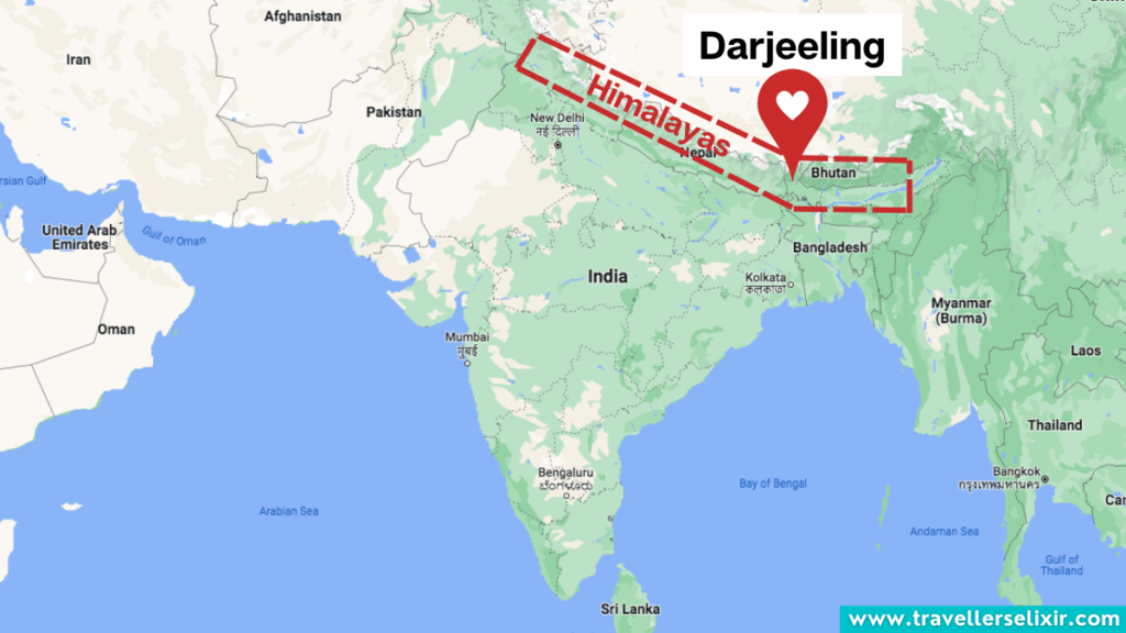 Map showing the location of the Himalayas and Darjeeling in India.