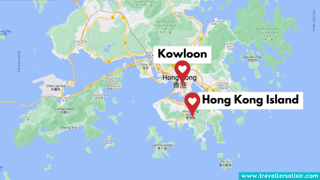 Map showing the location of Kowloon and Hong Kong Island.