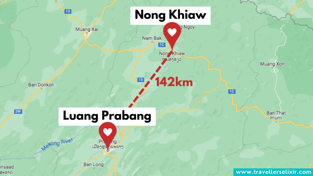 Map showing the distance between Luang Prabang and Nong Khiaw.