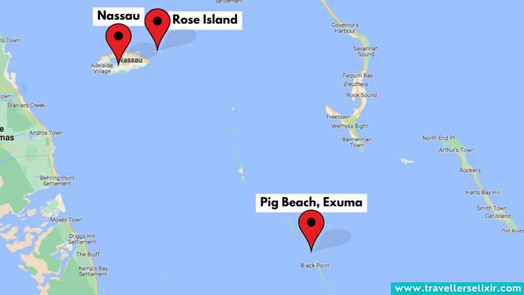 Map showing location of Rose Island and Pig Beach in Exuma in relation to Nassau.