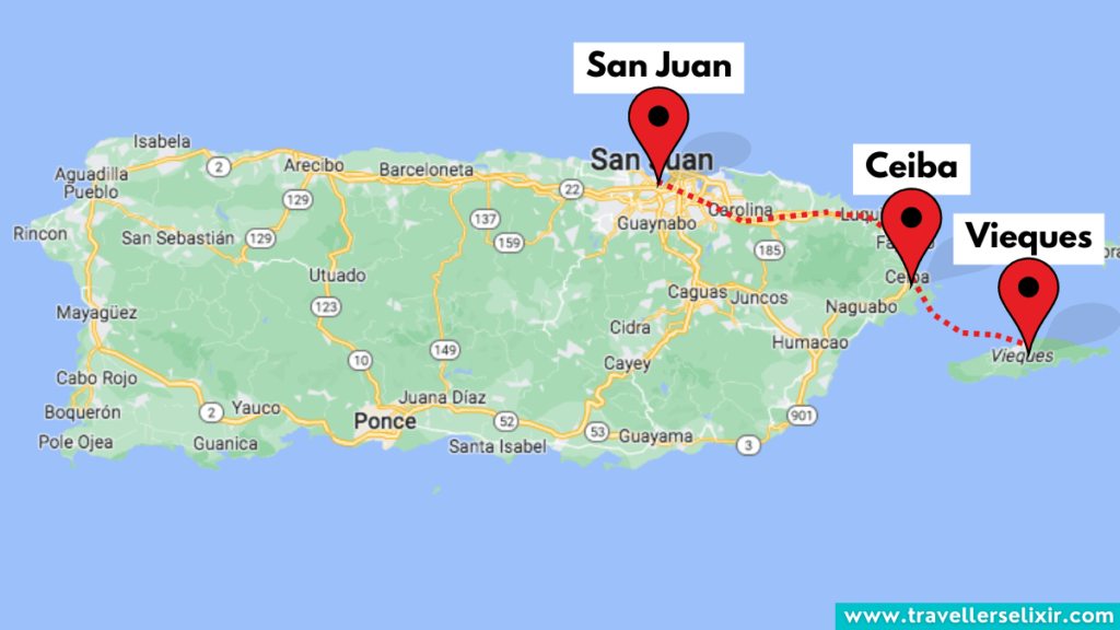 Map showing route from San Juan to Ceiba to Vieques.