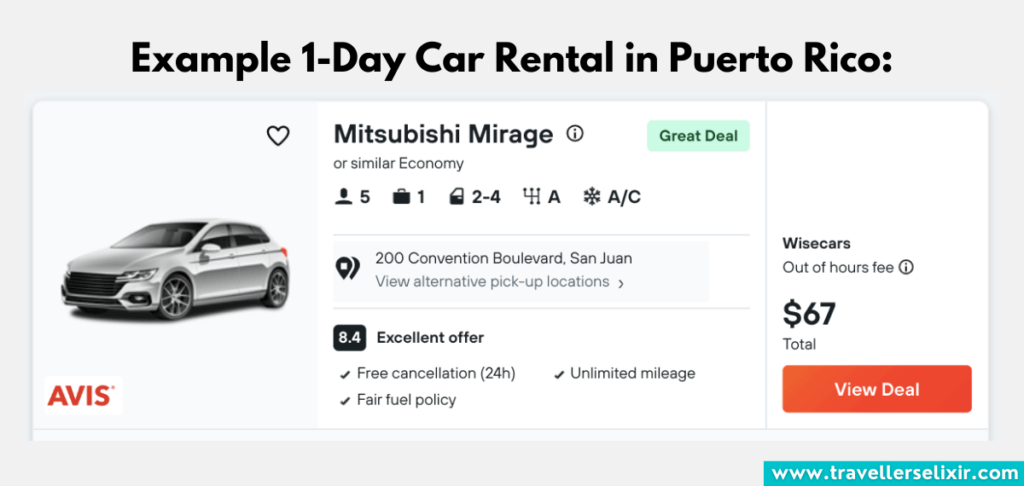 Example 1-day car rental in Puerto Rico.