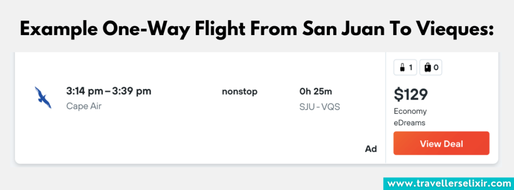 Example one-way flight from San Juan to Vieques.