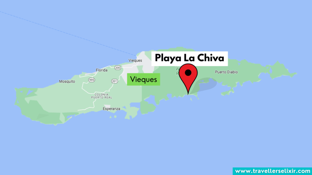 Map showing location of Playa La Chiva in Vieques.