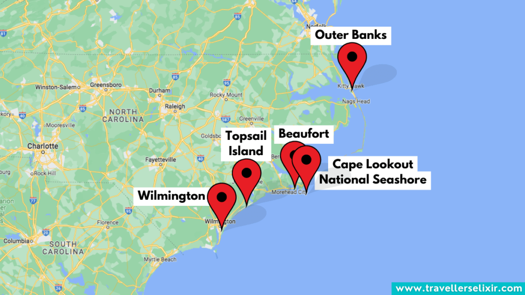 Map of North Carolina showing where to see dolphins.