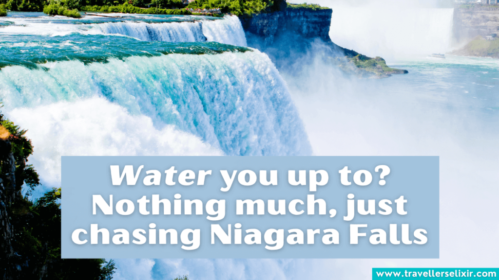 Funny Niagara Falls pun - Water you up to? Nothing much, just chasing Niagara Falls.