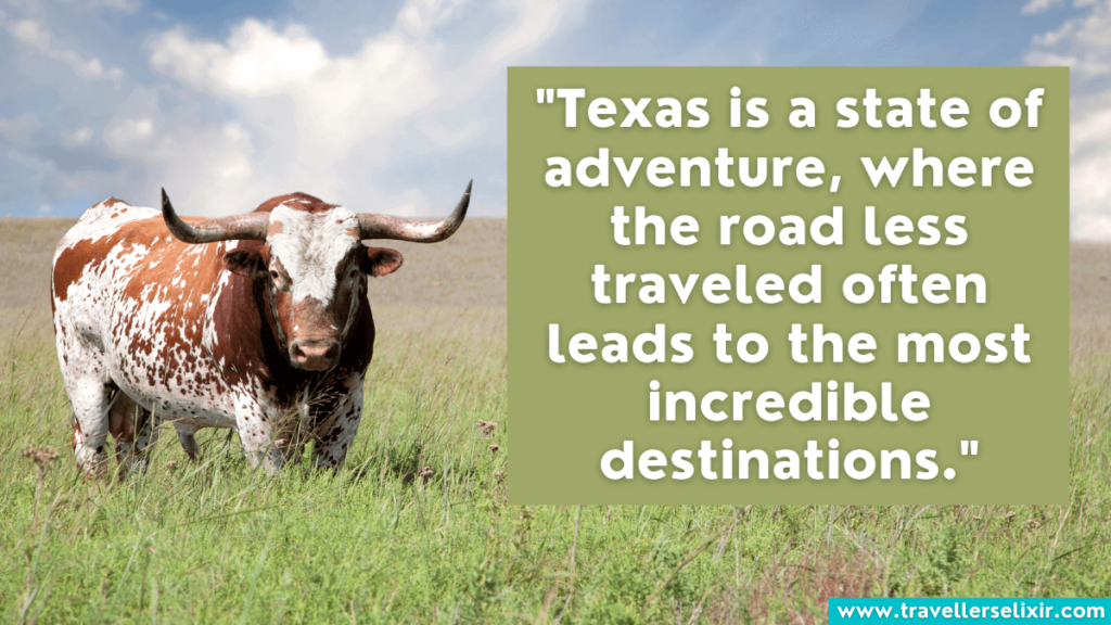 Texas quote - "Texas is a state of adventure, where the road less traveled often leads to the most incredible destinations."