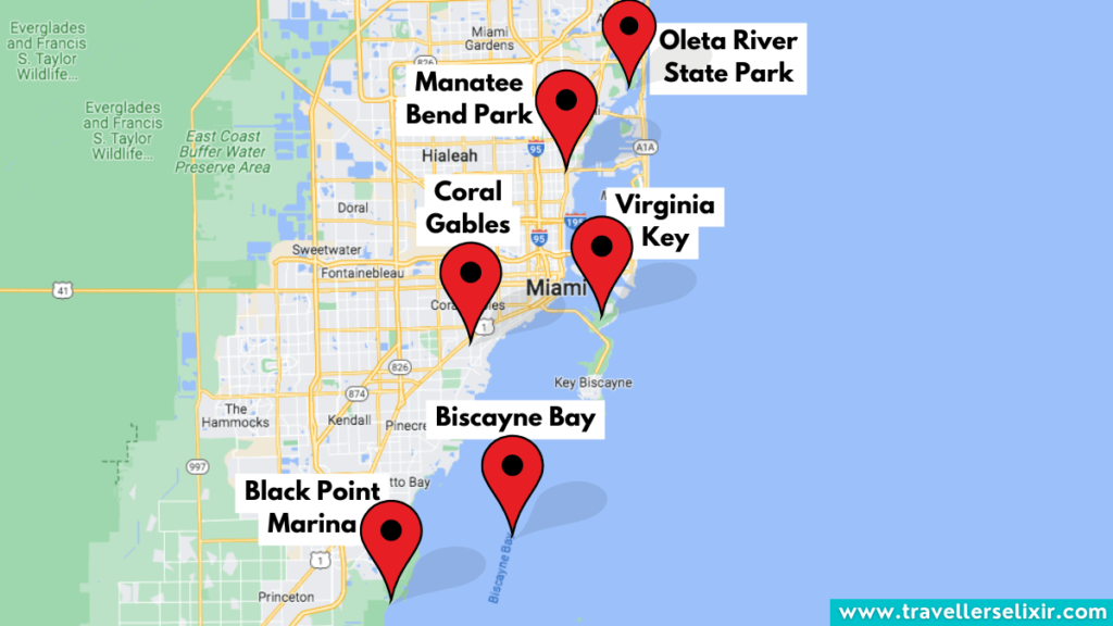Map of Miami showing where to see manatees.