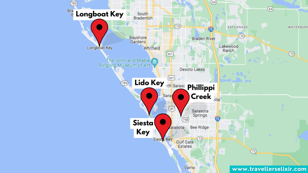 Map of Sarasota showing where to see manatees.