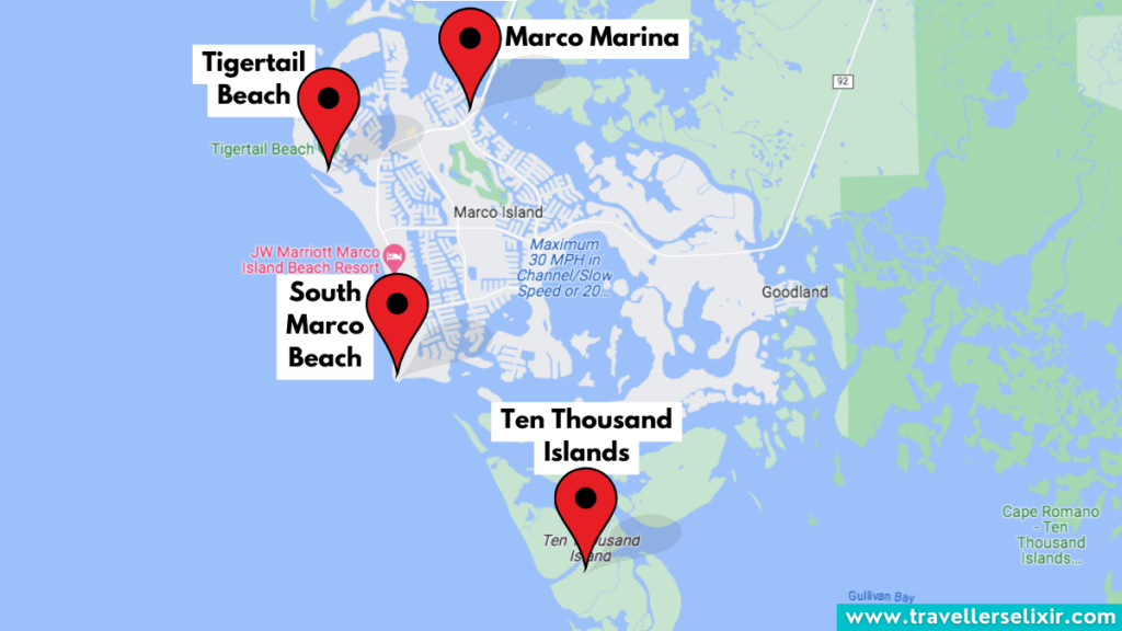 Map of Marco Island showing where to see manatees.