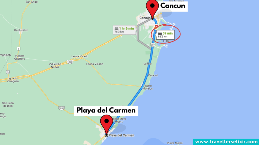 Map showing route from Cancun to Playa del Carmen.