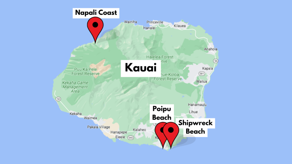 Map showing where to see seals in Kauai.