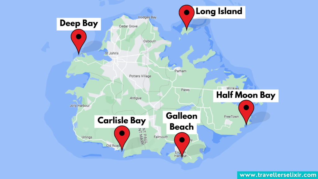 Map showing where to see turtles in Antigua.