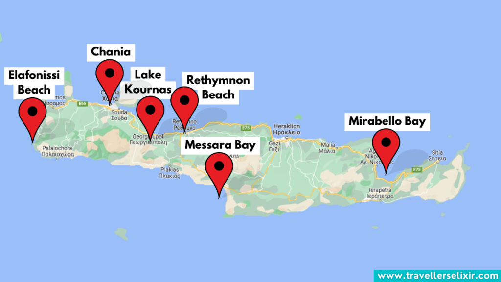 Map of Crete showing where to see turtles.