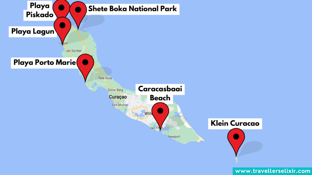 Map of Curacao showing the best places to swim with turtles.