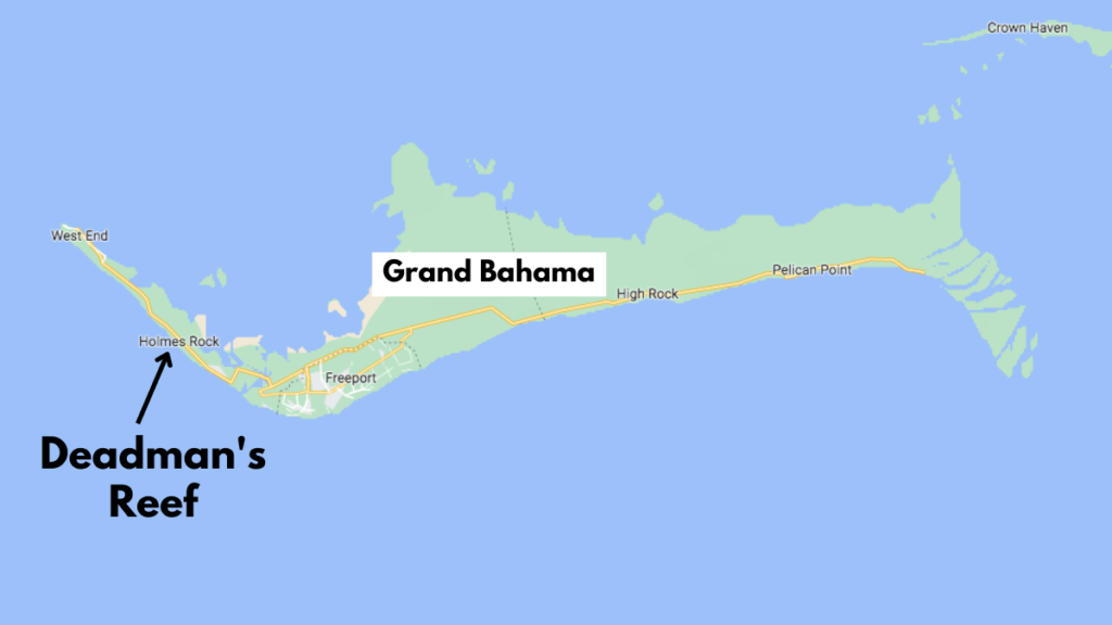 Map of Grand Bahamas showing the location of Deadman's Reef.