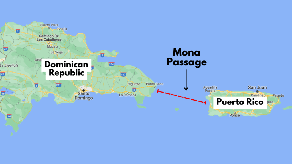 Map of Dominican Republic and Puerto Rico showing Mona Passage between them.
