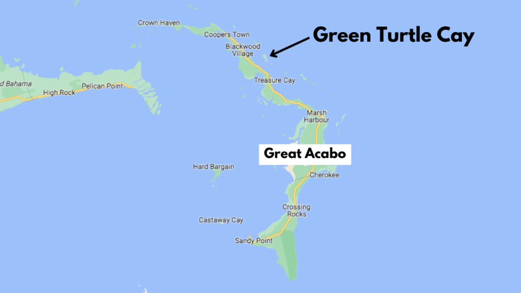 Map of Great Acabo Island showing location of Green Turtle Cay.