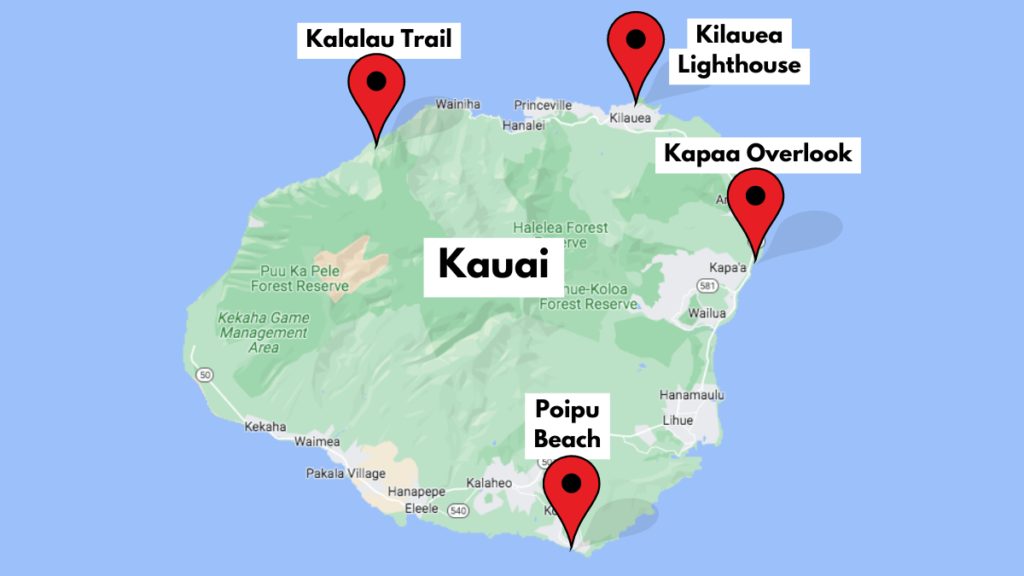 Map of Kauai showing where to go whale watching.