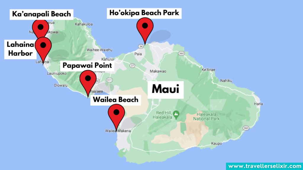 Map showing the best whale watching locations in Maui.